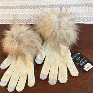 Cream and Gray Gloves with Faux Fur Pom Poms